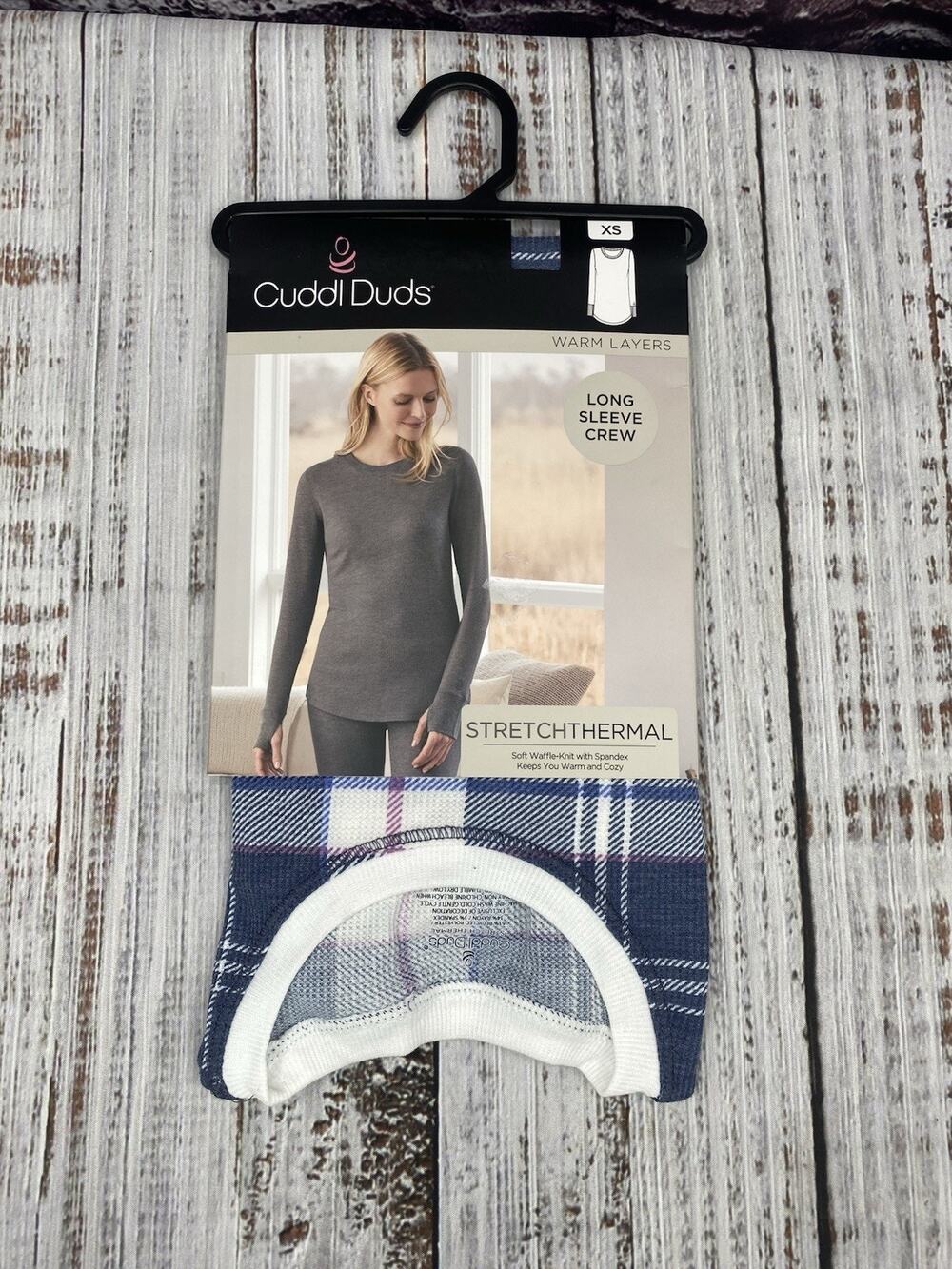 Cuddl Duds Women's Cozy Stretch Thermal Long Sleeve Crew Blue Plaid X-Small XS